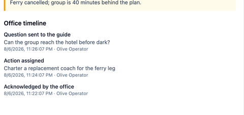 Development Office timeline showing an assigned action, a guide question, and acknowledgement
